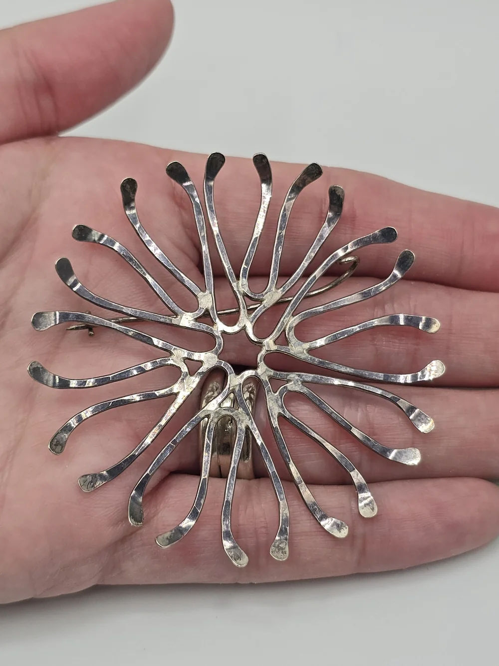VTG Abstract Starburst Brooch Modernist Pin Silver Tone Handmade 2.5